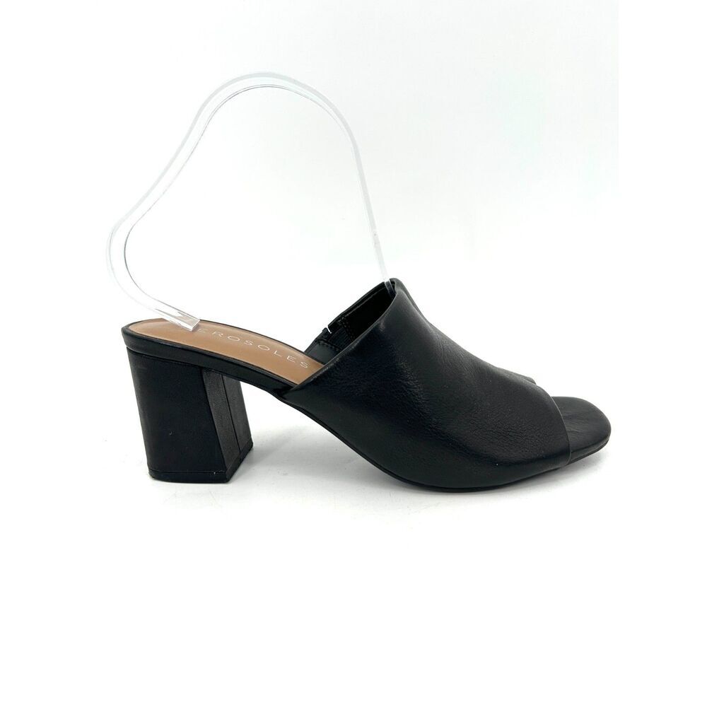 AEROSOLES Erie Black Leather Chunky Block Heel Slip On Open Toe Mule Sandals 8.5